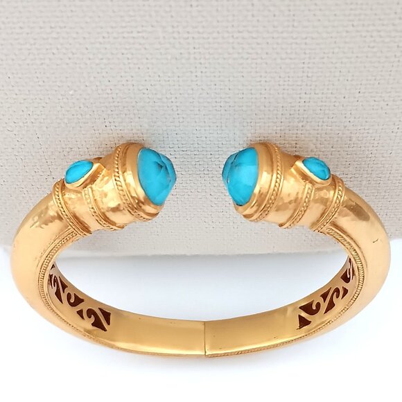 Julie Vos Cuff Hinged Bangle Bracelet Gold Plated & Turquoise Blue Glass Stone - Picture 3 of 5